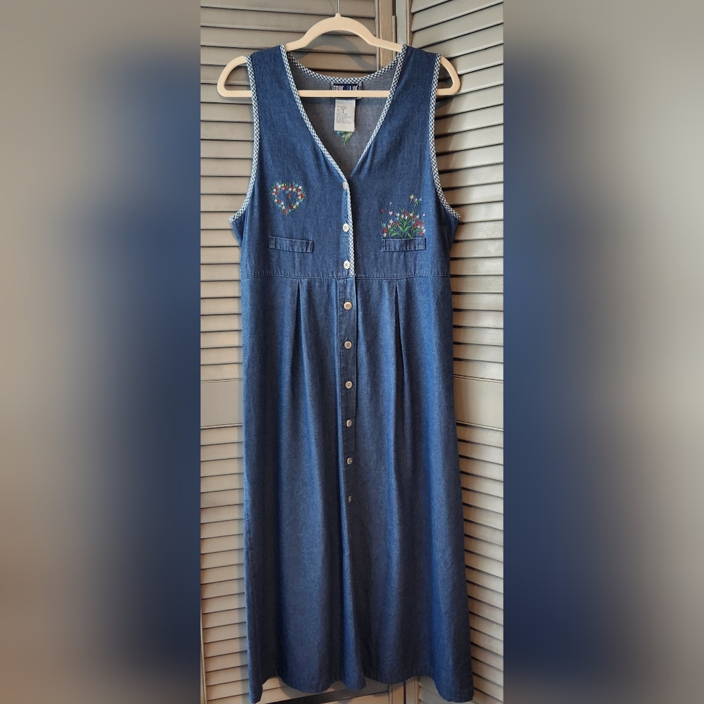 True Blue 100% Cotton Sleeveless Dress Retro 90s Embroidered